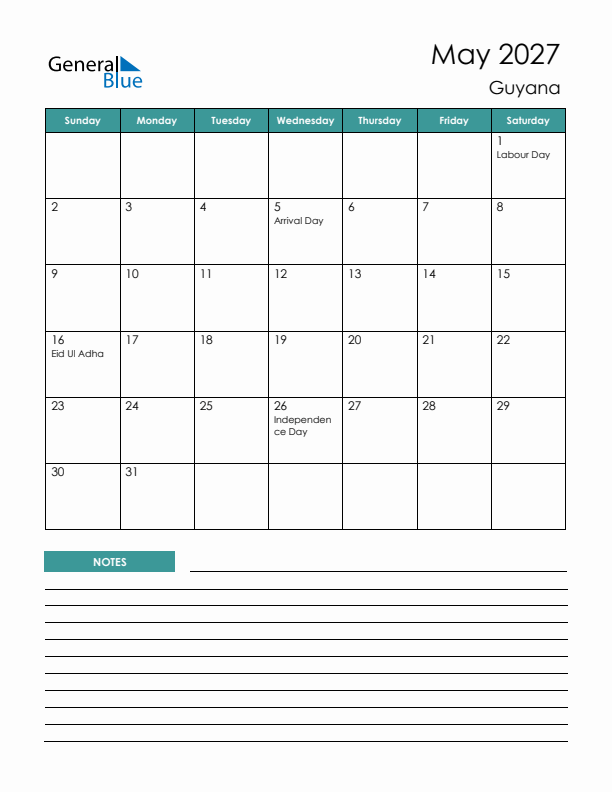 Calendar with Notes Printable - Sunday Start