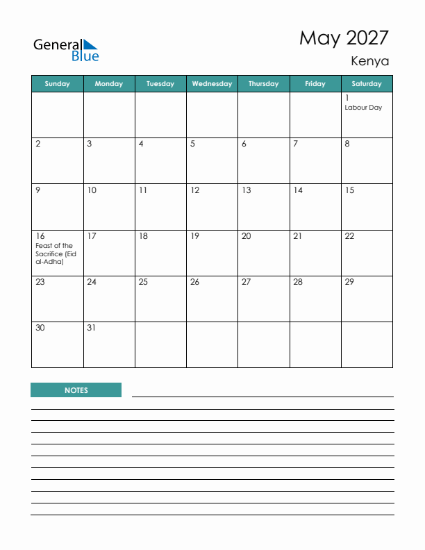 Calendar with Notes Printable - Sunday Start