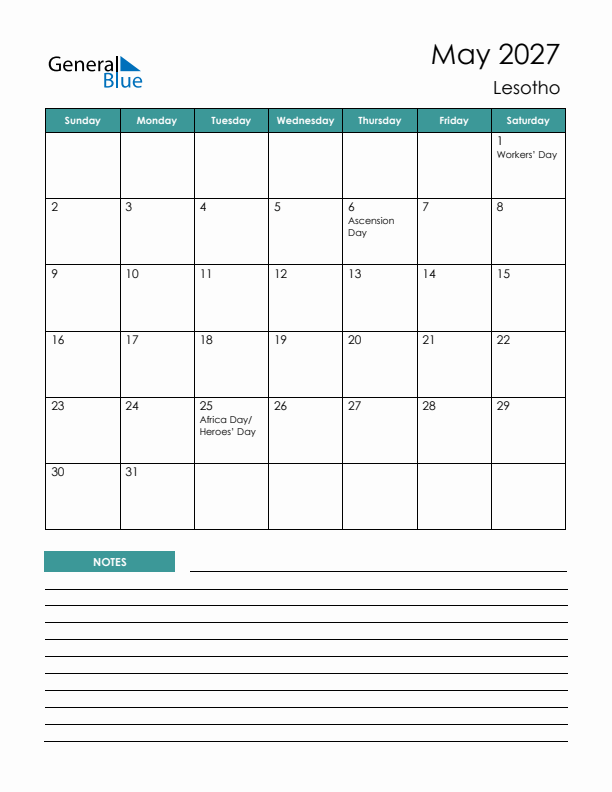 Calendar with Notes Printable - Sunday Start