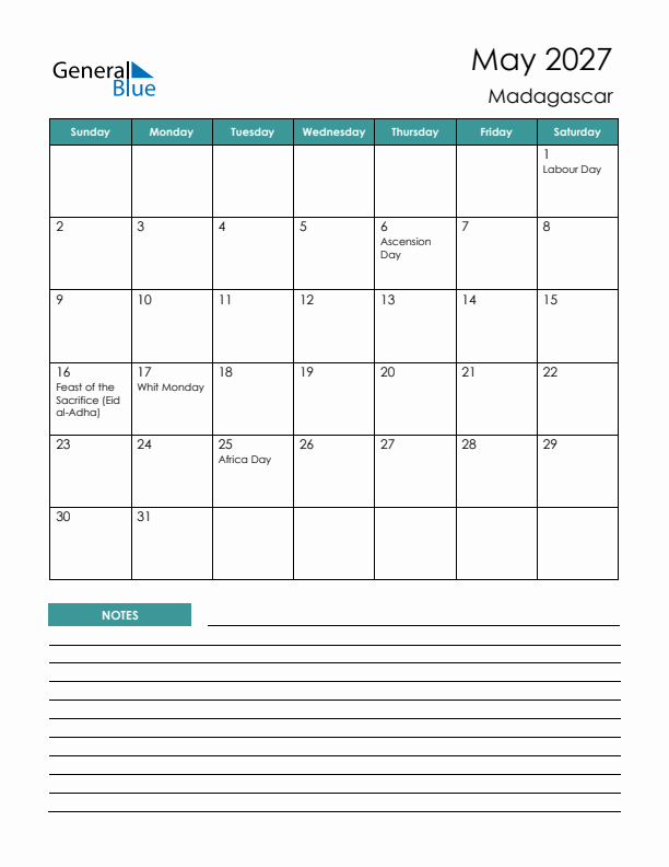 Calendar with Notes Printable - Sunday Start