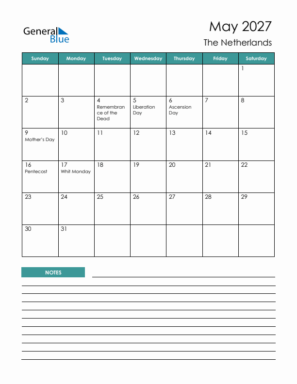 Calendar with Notes Printable - Sunday Start