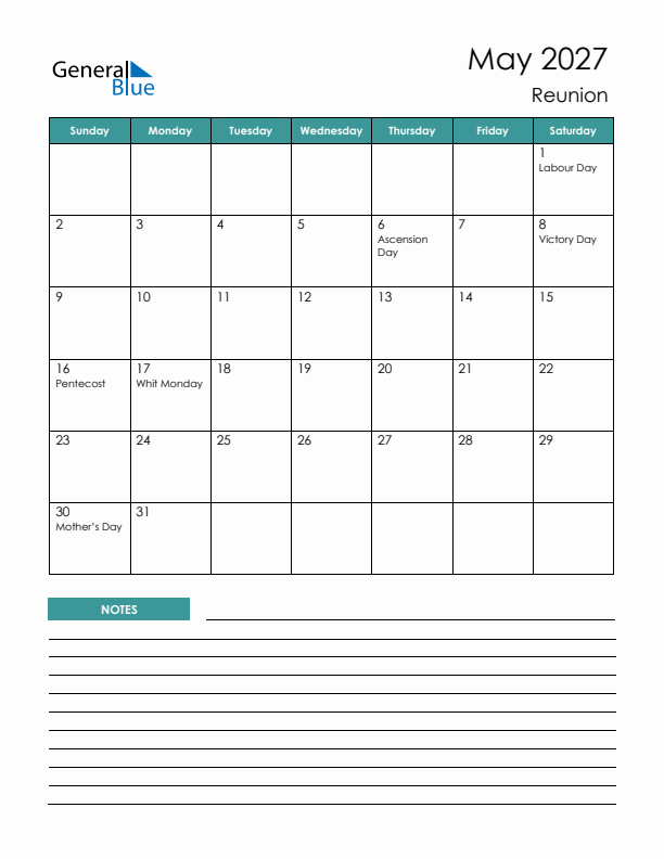 Calendar with Notes Printable - Sunday Start