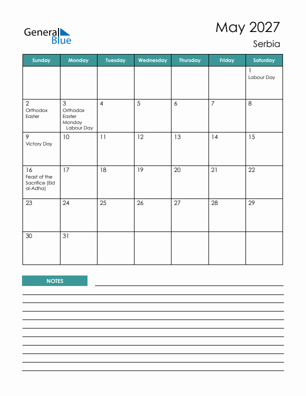 Calendar with Notes Printable - Sunday Start