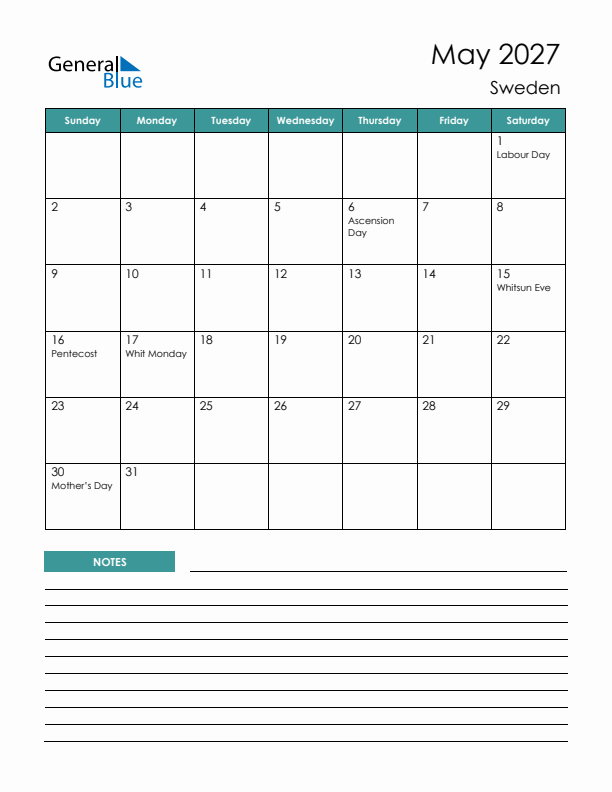 Calendar with Notes Printable - Sunday Start