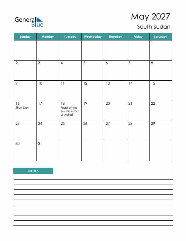 Calendar with Notes Printable - Sunday Start