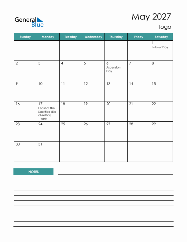 Calendar with Notes Printable - Sunday Start