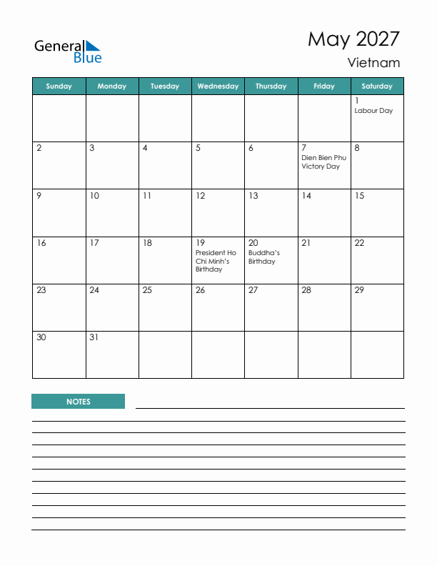 Calendar with Notes Printable - Sunday Start