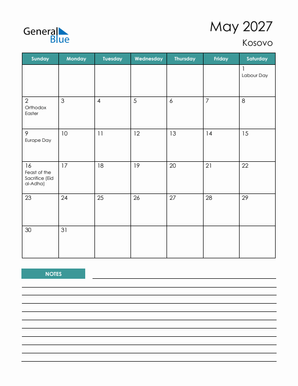 Calendar with Notes Printable - Sunday Start