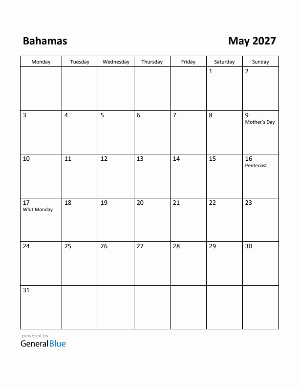 May 2027 Calendar with Bahamas Holidays