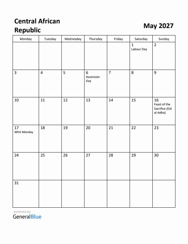 May 2027 Calendar with Central African Republic Holidays