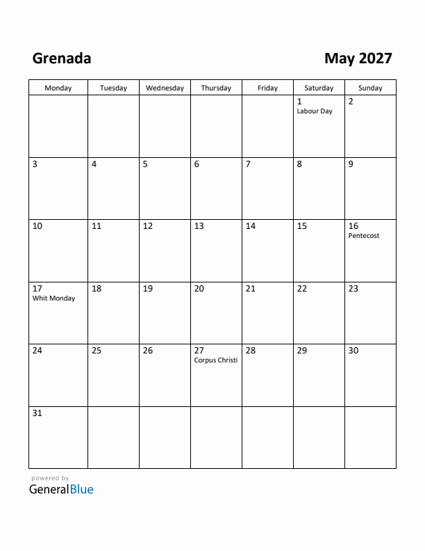 May 2027 Calendar with Grenada Holidays