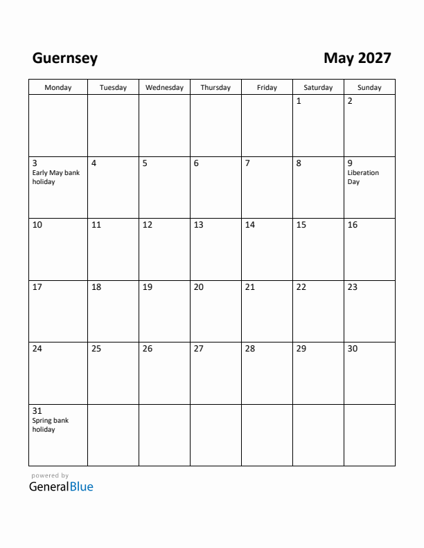 May 2027 Calendar with Guernsey Holidays