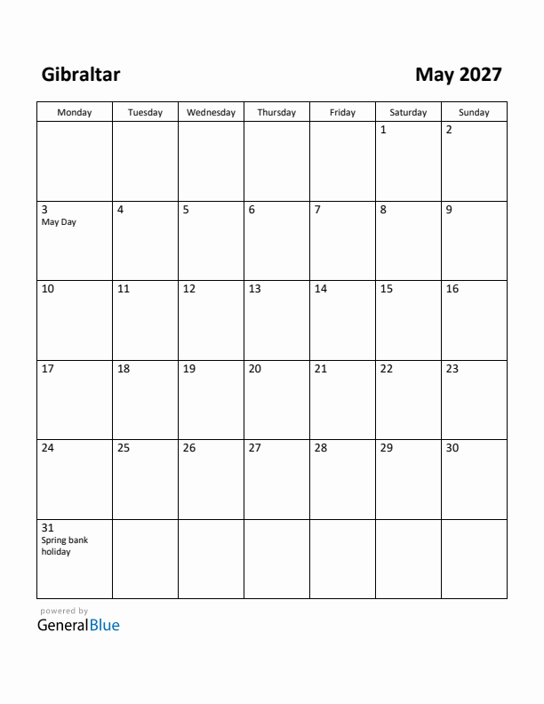 May 2027 Calendar with Gibraltar Holidays