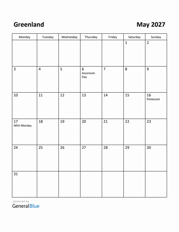 May 2027 Calendar with Greenland Holidays