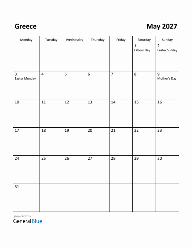 May 2027 Calendar with Greece Holidays