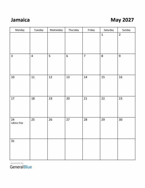 May 2027 Calendar with Jamaica Holidays