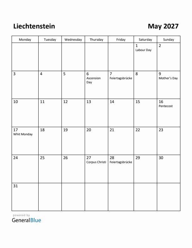 May 2027 Calendar with Liechtenstein Holidays