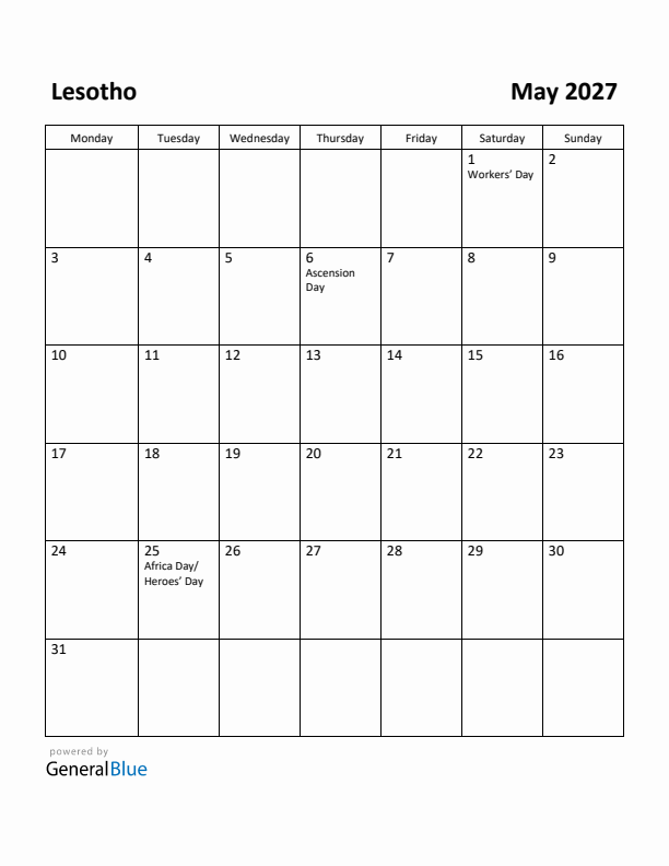 May 2027 Calendar with Lesotho Holidays