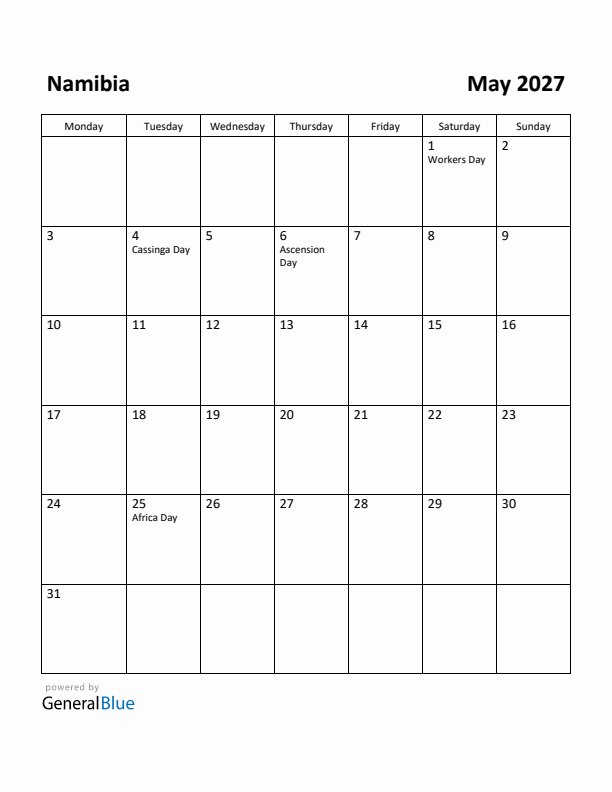 May 2027 Calendar with Namibia Holidays