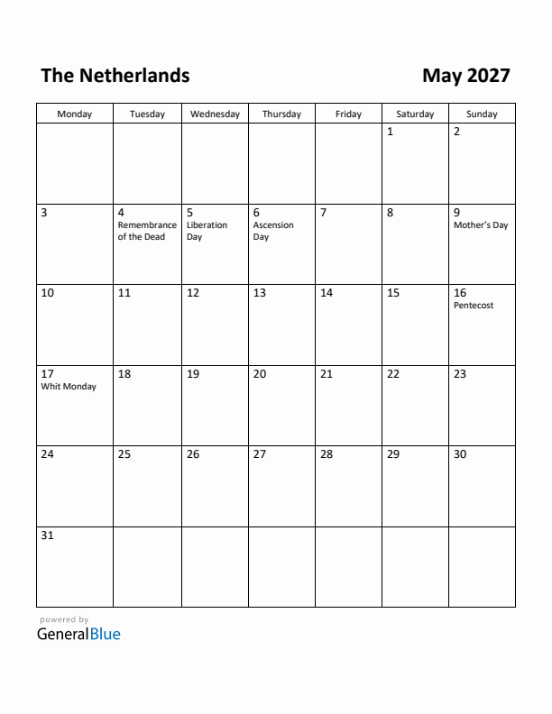 May 2027 Calendar with The Netherlands Holidays