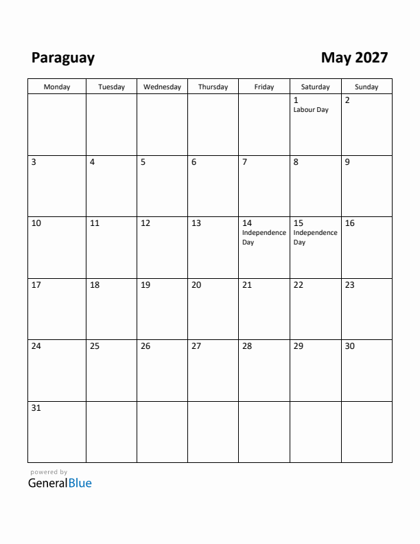 May 2027 Calendar with Paraguay Holidays