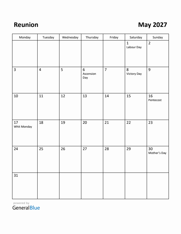 May 2027 Calendar with Reunion Holidays