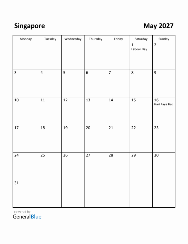 May 2027 Calendar with Singapore Holidays