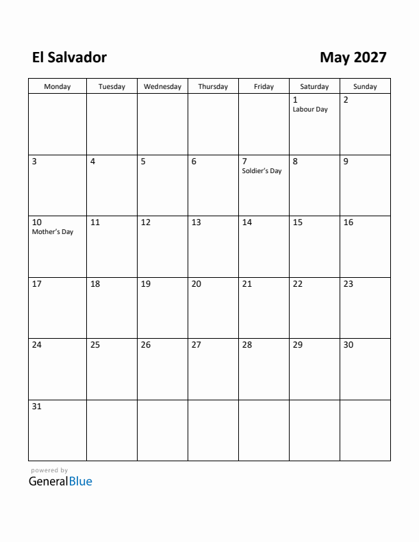 May 2027 Calendar with El Salvador Holidays