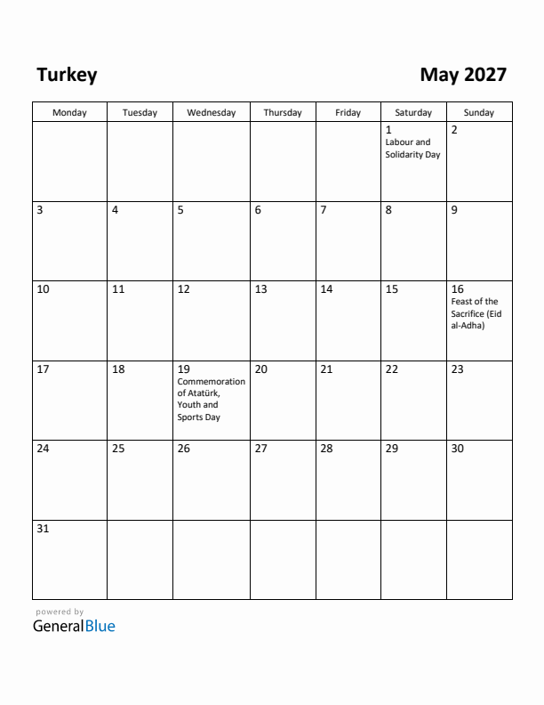 May 2027 Calendar with Turkey Holidays