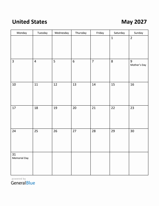 May 2027 Calendar with United States Holidays