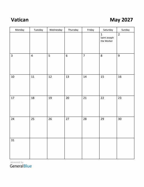 May 2027 Calendar with Vatican Holidays