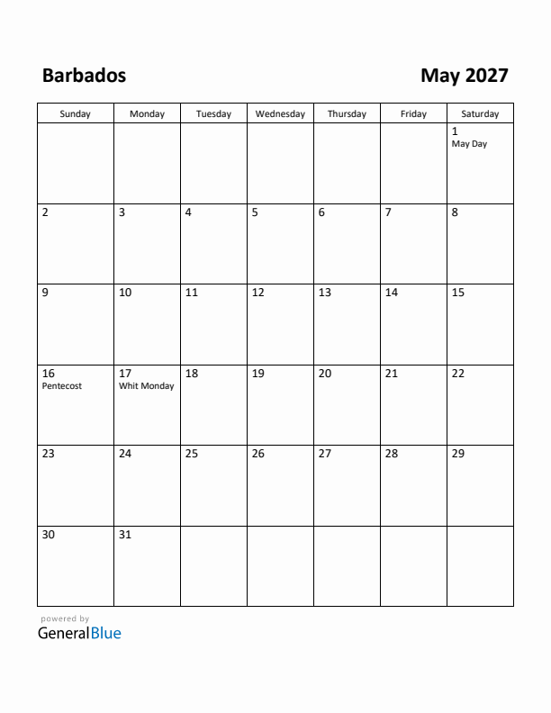 May 2027 Calendar with Barbados Holidays