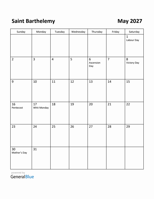 May 2027 Calendar with Saint Barthelemy Holidays