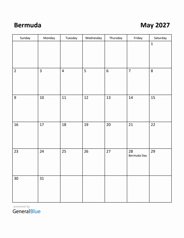 May 2027 Calendar with Bermuda Holidays