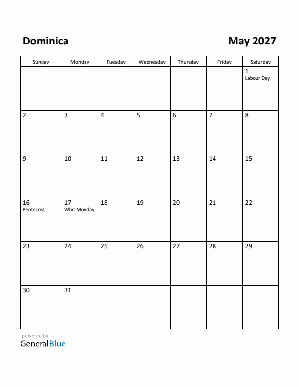 May 2027 Calendar with Dominica Holidays