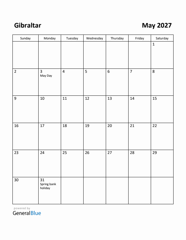 May 2027 Calendar with Gibraltar Holidays