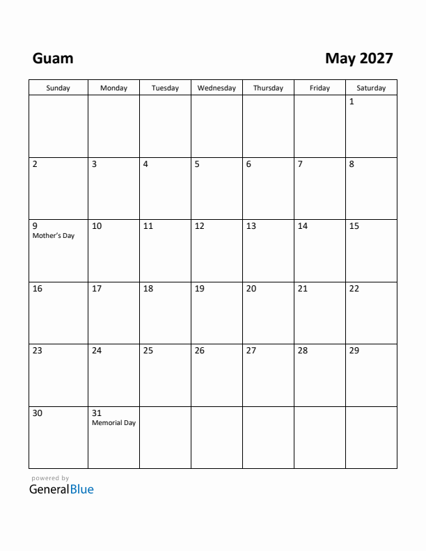 May 2027 Calendar with Guam Holidays