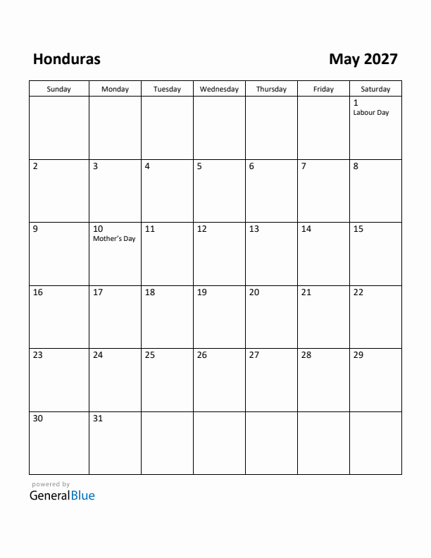 May 2027 Calendar with Honduras Holidays