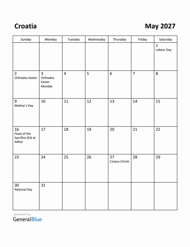 May 2027 Calendar with Croatia Holidays