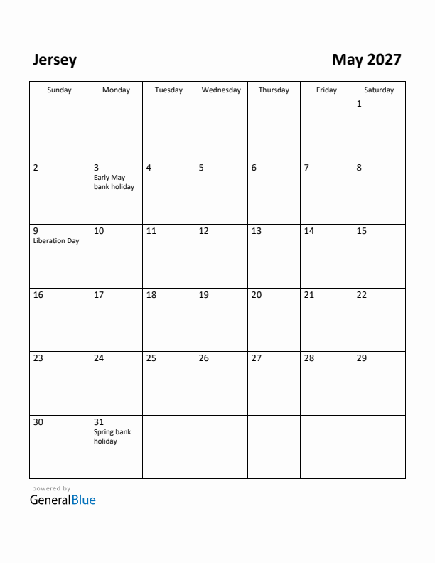 May 2027 Calendar with Jersey Holidays