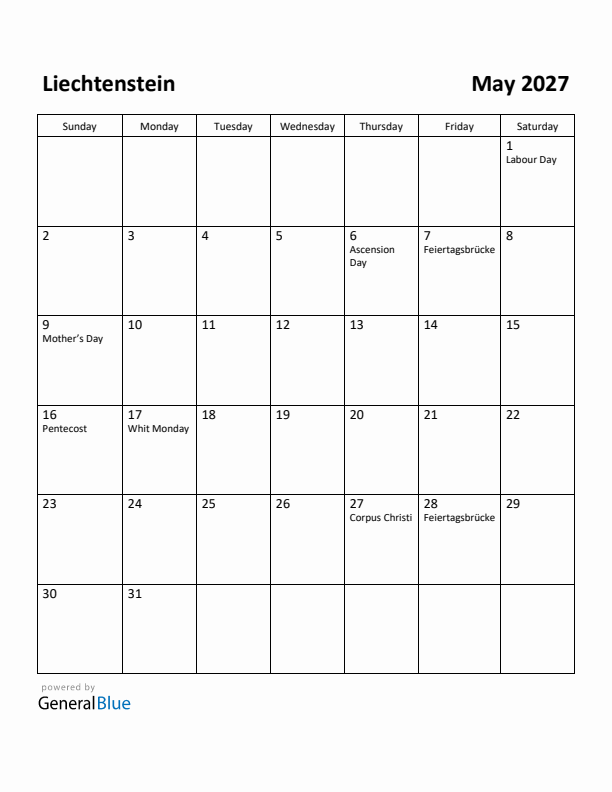 May 2027 Calendar with Liechtenstein Holidays