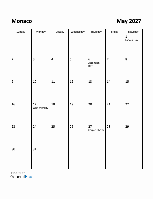 May 2027 Calendar with Monaco Holidays