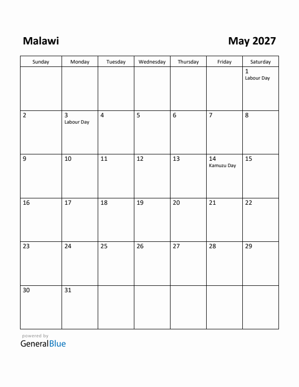 May 2027 Calendar with Malawi Holidays