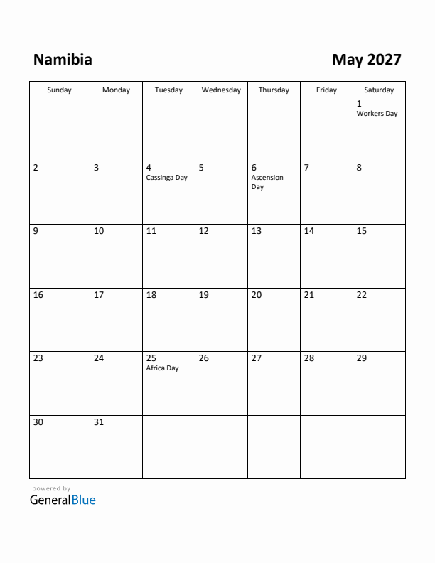 May 2027 Calendar with Namibia Holidays