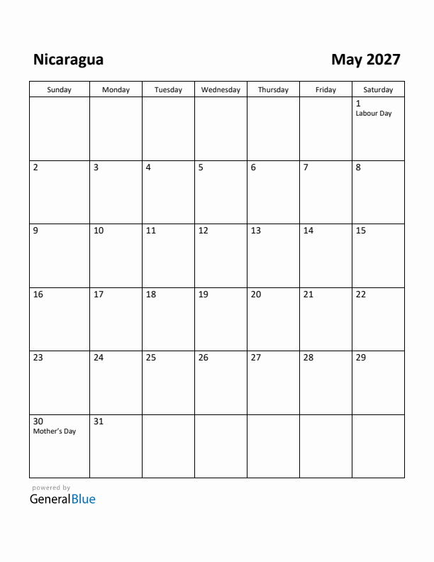 May 2027 Calendar with Nicaragua Holidays