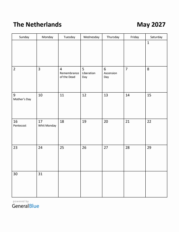 May 2027 Calendar with The Netherlands Holidays