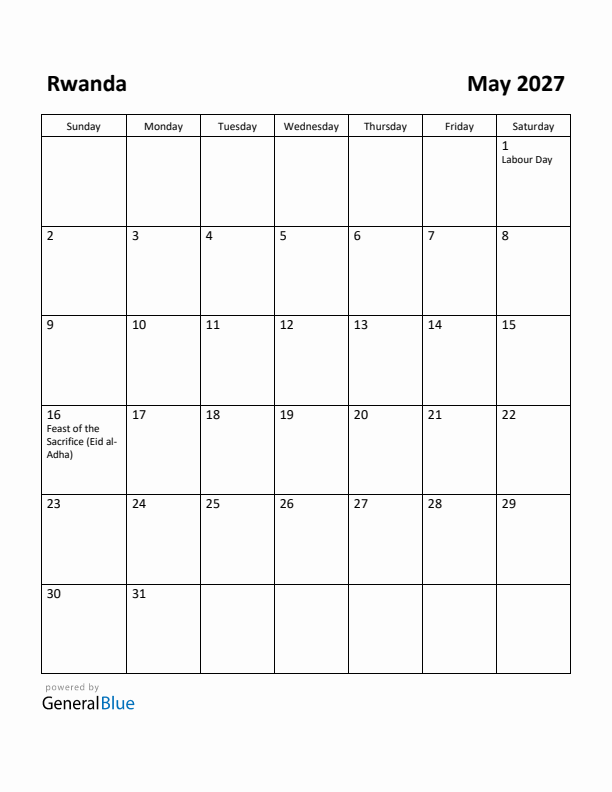 May 2027 Calendar with Rwanda Holidays