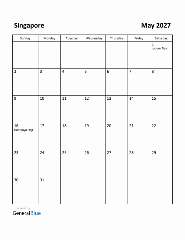 May 2027 Calendar with Singapore Holidays