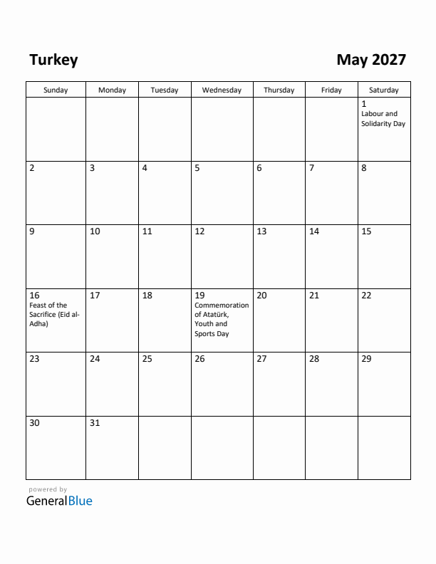 May 2027 Calendar with Turkey Holidays