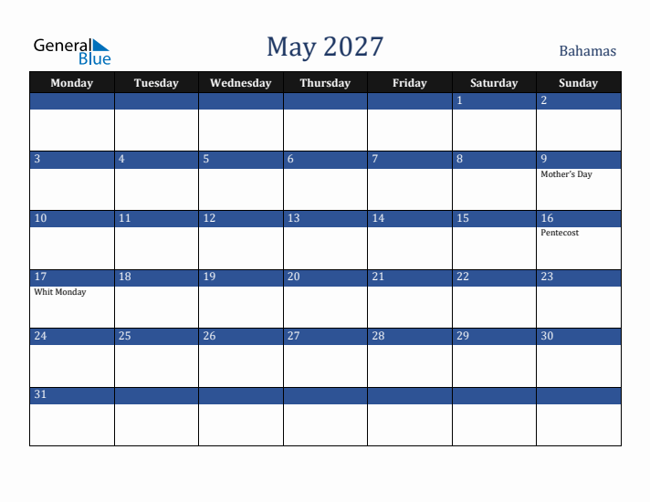 May 2027 Bahamas Calendar (Monday Start)